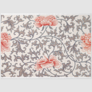 Mousseline Papier de tissu floral gris et corail