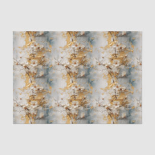 Mousseline Papier de tissus bleu, ivoire et or floral