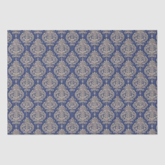 Mousseline Papier de tissus Damas bleu et or (Recto)