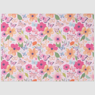 Mousseline Papier de tissus, papillons et fleurs rose pâle