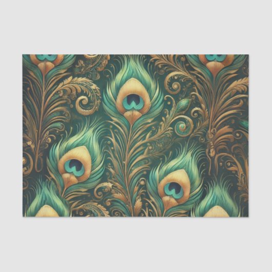 Mousseline Papier Découpage vert et or Peacock Feathers (Recto)