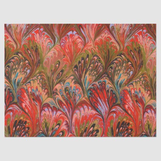 MOUSSELINE PAPIER MARBÉ, MOTIF ABSTRAIT ROUGE BLEU PEACOCK (Recto)