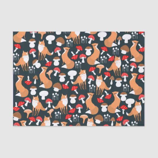 Mousseline Papier Tissu Cute Fox and Mushrooms (Recto)