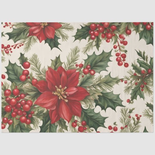 Mousseline Papier Tissu de Noël Holly & Red Berries (Recto)
