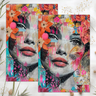 MOUSSELINE PAPIER TISSU DECOUPAGE FILLE FLEUR BOHO