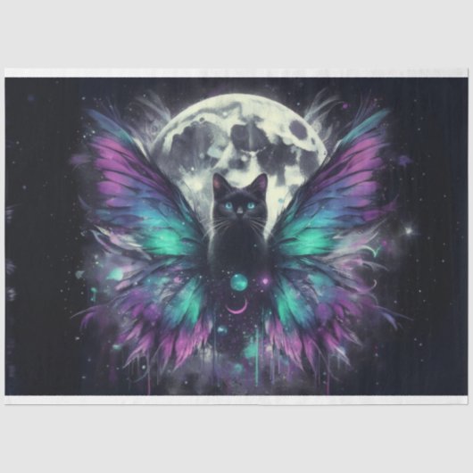 Mousseline Papier Tissu Lune Chat Noir (Recto)