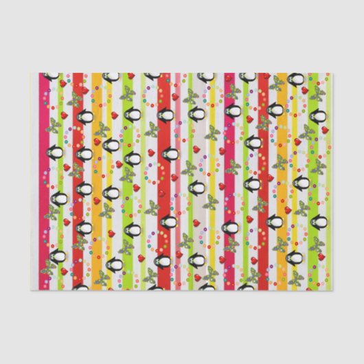 Mousseline Papier Tissu Pingouin Coeurs rouges (Recto)