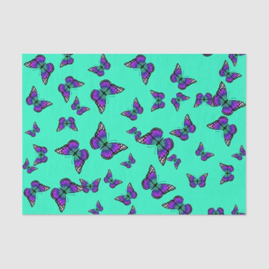 Mousseline Papier Tissu Turquoise Avec Papillons Violets (Recto)