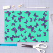 Mousseline Papier Tissu Turquoise Avec Papillons Violets (Artisanat)
