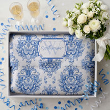 Papier Toile de Jouy Bleu Motif Monogramme