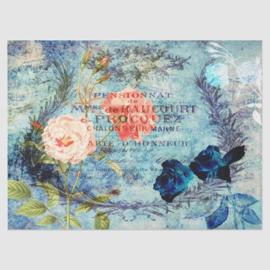 Mousseline Rose vintage Papier de fond découpage bleu (Recto)