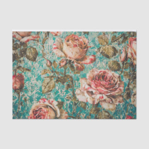 Mousseline Roses vintages sur papier de tissus Turquoises