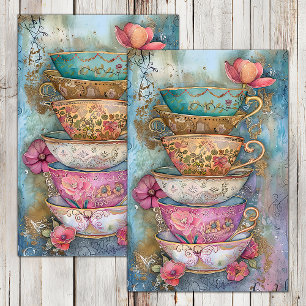 MOUSSELINE TASSES À THÉ EMPILÉES PAPIER TISSU DÉCOUPAGE