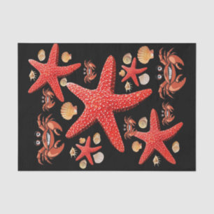 Mousseline Tissu Papier Crabes Starfish Beach Shells Noir