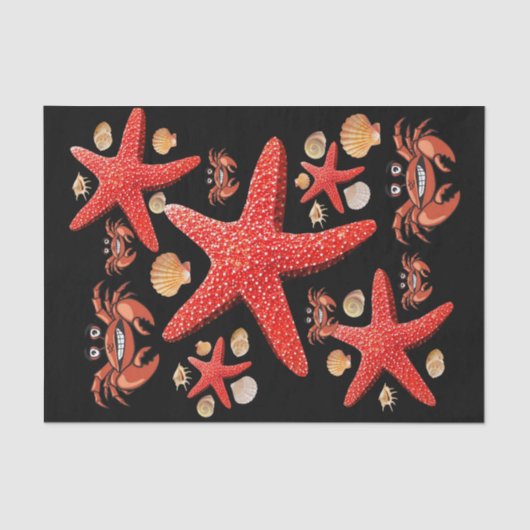 Mousseline Tissu Papier Crabes Starfish Beach Shells Noir (Recto)