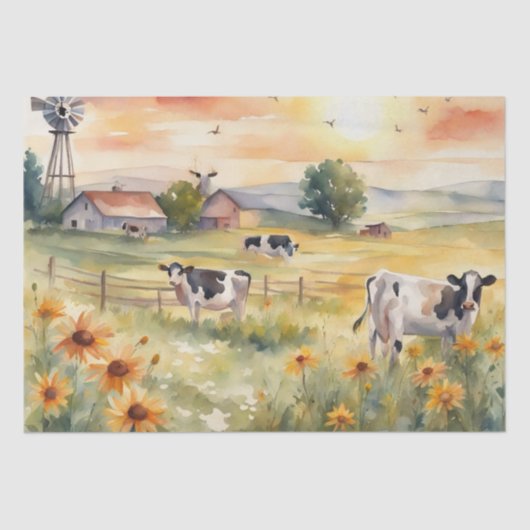 Mousseline Vaches d'aquarelle dans le champ de fleur Papier d (Recto)