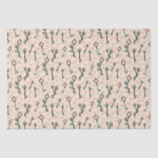 Mousseline Valentines Coeurs et Clés Papier Tissu (Recto)