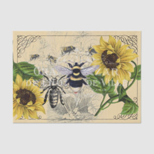 Mousseline Vintage Bee Sunflower Creme Nature Tissu Papier