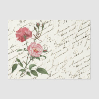 Mousseline Vintage Français Script Rose Roses Papier Tissu