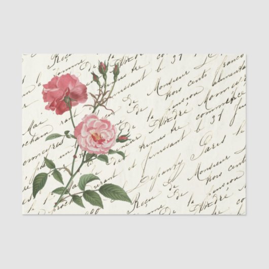 Mousseline Vintage Français Script Rose Roses Papier Tissu (Recto)