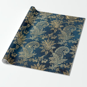 Mousserend Blue en Gold Damask Cadeaupapier