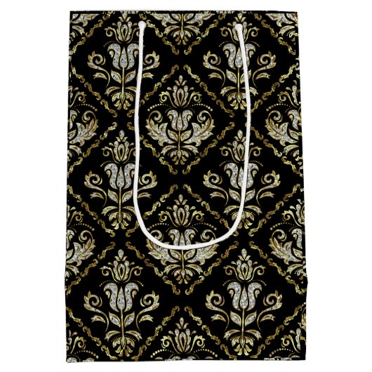 Mousserende damaspatroon op zwart medium cadeauzakje (Achterkant)