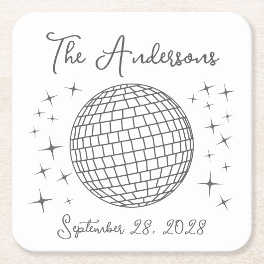Mousserende Discobal Gepersonaliseerde bruiloft Vierkante Kartonnen Onderzetter (Voorkant)