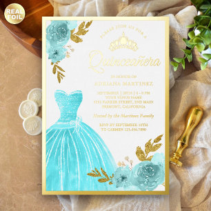 Mousserende garnaal Aqua Blue Floral Quinceanera G Folie Uitnodiging