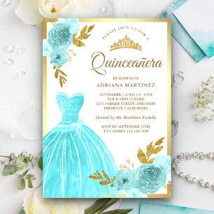 Mousserende jurk Aqua Blue Floral Gold Quinceanera Kaart