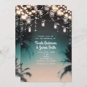 Mousserende lichten Palm Trees Elegant Beach Weddi Kaart