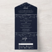 Mousserende String Lights Elegant Navy Blue Weddin All In One Uitnodiging (Binnen)