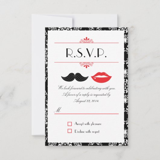 Moustache & Lèvres Rouge, Noir & Blanc Damask RSVP (Devant)