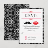 Moustache & Lèvres Rouge, Noir & Blanc Damask RSVP (Devant / Derrière)