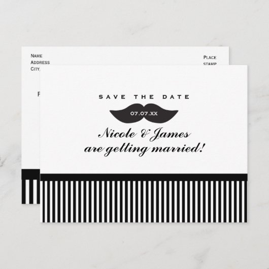 Moustache noir & blanc Enregistrer la date Carte p (Devant / Derrière)