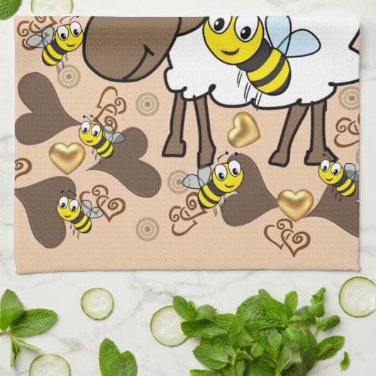 Moutons Coeurs Brown Bee Serviette à main de cuisi (Plié)