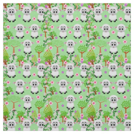 Moutons Floraux Arbres Tissu vert (Échantillon)