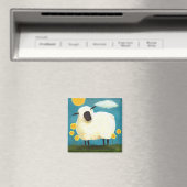 Moutons Fluffy & Fleurs Jaunes Magnet d'art (In Situ (Lave-vaisselle))