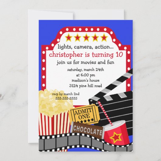 Movie Birthday Party Invitation Kaart (Voorkant)
