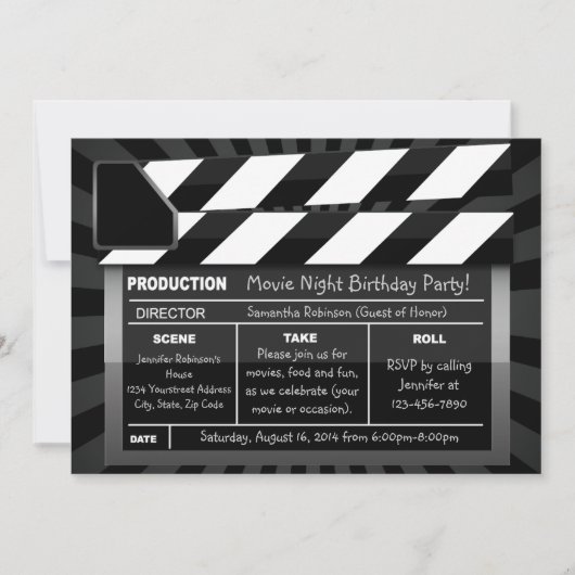 Movie Clap Board Aangepaste Party Uitnodigingen (Voorkant)