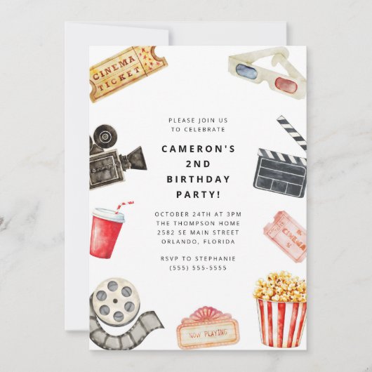 Movie Night Kids Birthday Party Invitation (Devant)