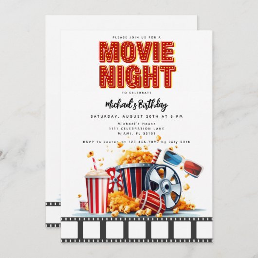 Movie Night Verjaardagsfeestje Film Party Uitnodig Kaart (Voorkant / Achterkant)