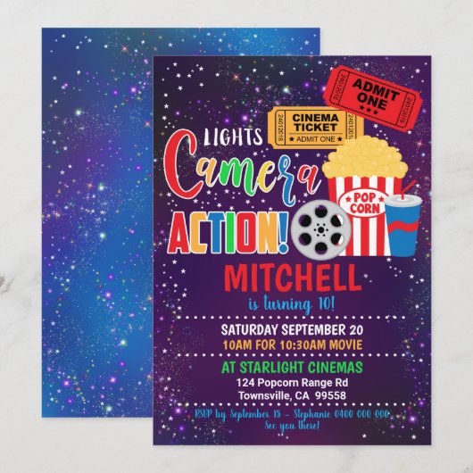 Movie Party Invitation Cinema Party Kaart (Voorkant / Achterkant)