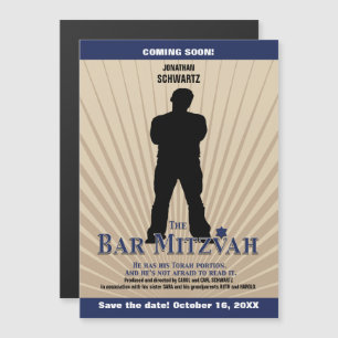 Movie Star Bar Mitzvah Save the Date Tan Navy Blue Magnetische Uitnodiging