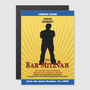 Movie Star Bar Mitzvah Save the Date Yellow Blue Magnetische Uitnodiging