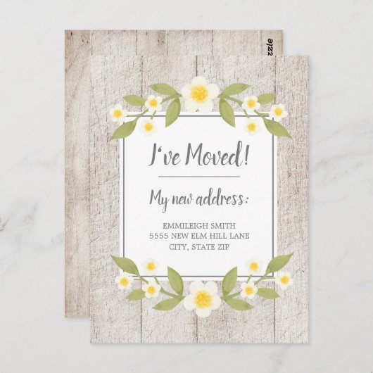 Moving Announce Rustic Wood White Yellow Flowers Briefkaart (Voorkant / Achterkant)