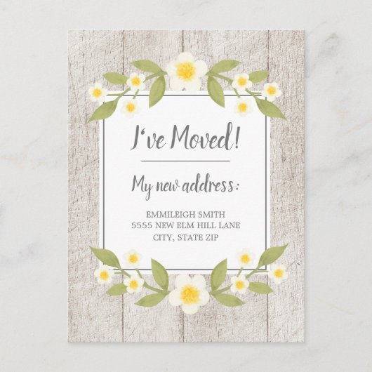 Moving Announce Rustic Wood White Yellow Flowers Briefkaart (Voorkant)