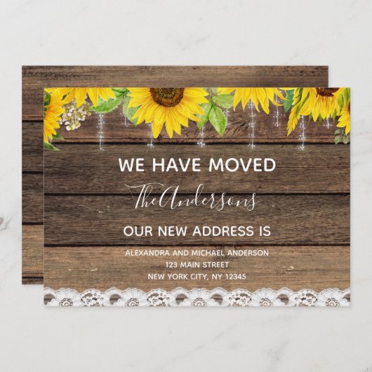 Moving Faire-part Rustic Sunflower Wood (Devant / Derrière)