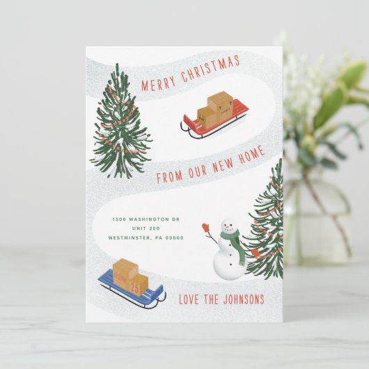 Moving Sleds Winter Snowman Moving Faire-part (Debout devant)