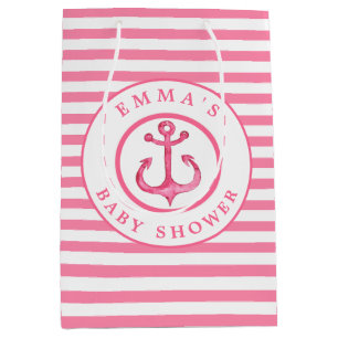 Moyen Baby shower Ancre rose nautique Sac cadeau rayé