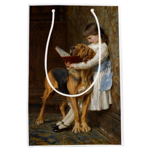 Moyen Belle fille Lecture à son sac cadeau chien (Devant)